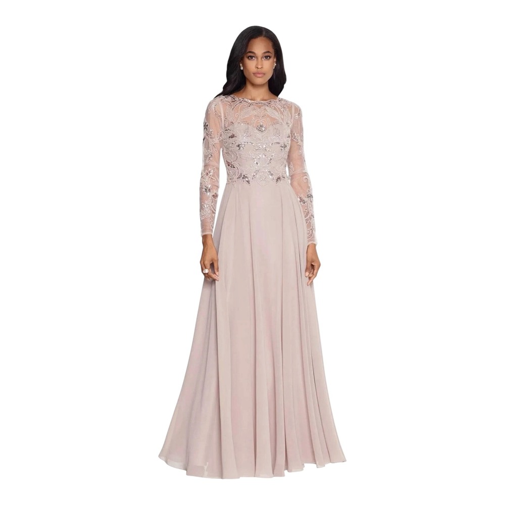 Xscape Mason 3174X Beaded Long Sleeve Chiffon Gown Taupe Size 18W NWT